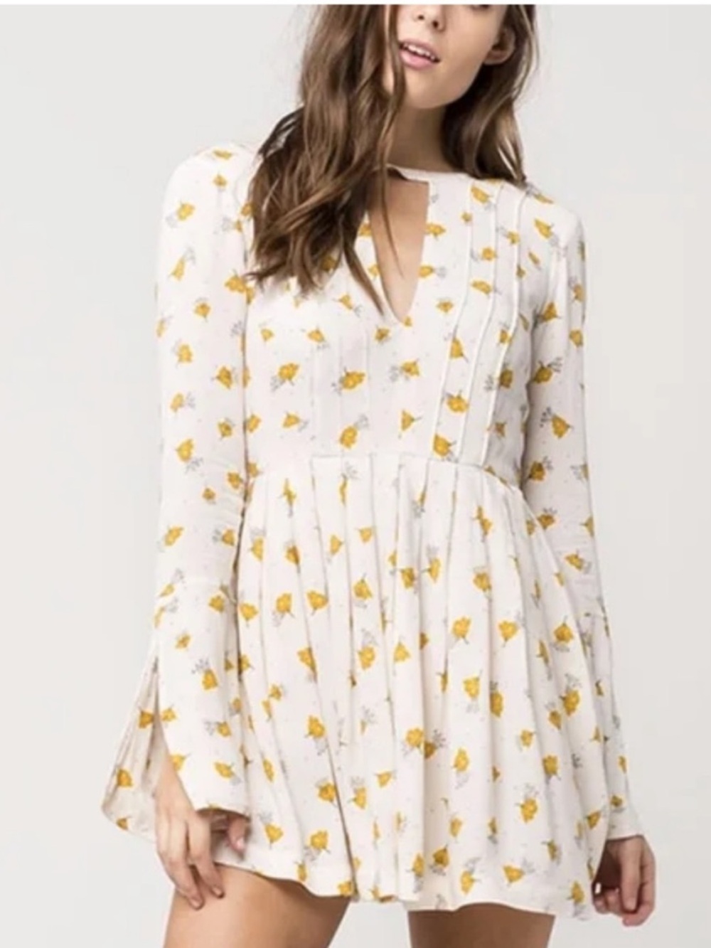Free People Cream Dress with Yellow Floral Print — Long Sleeve Mini Tegan